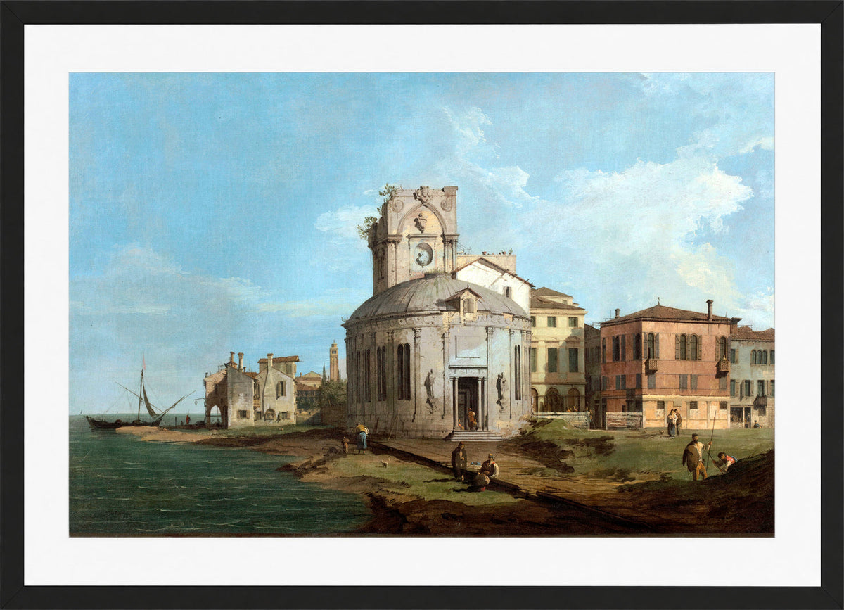 Canaletto Print, A Venetian Capriccio with an oval church by the Lagoon — black frame