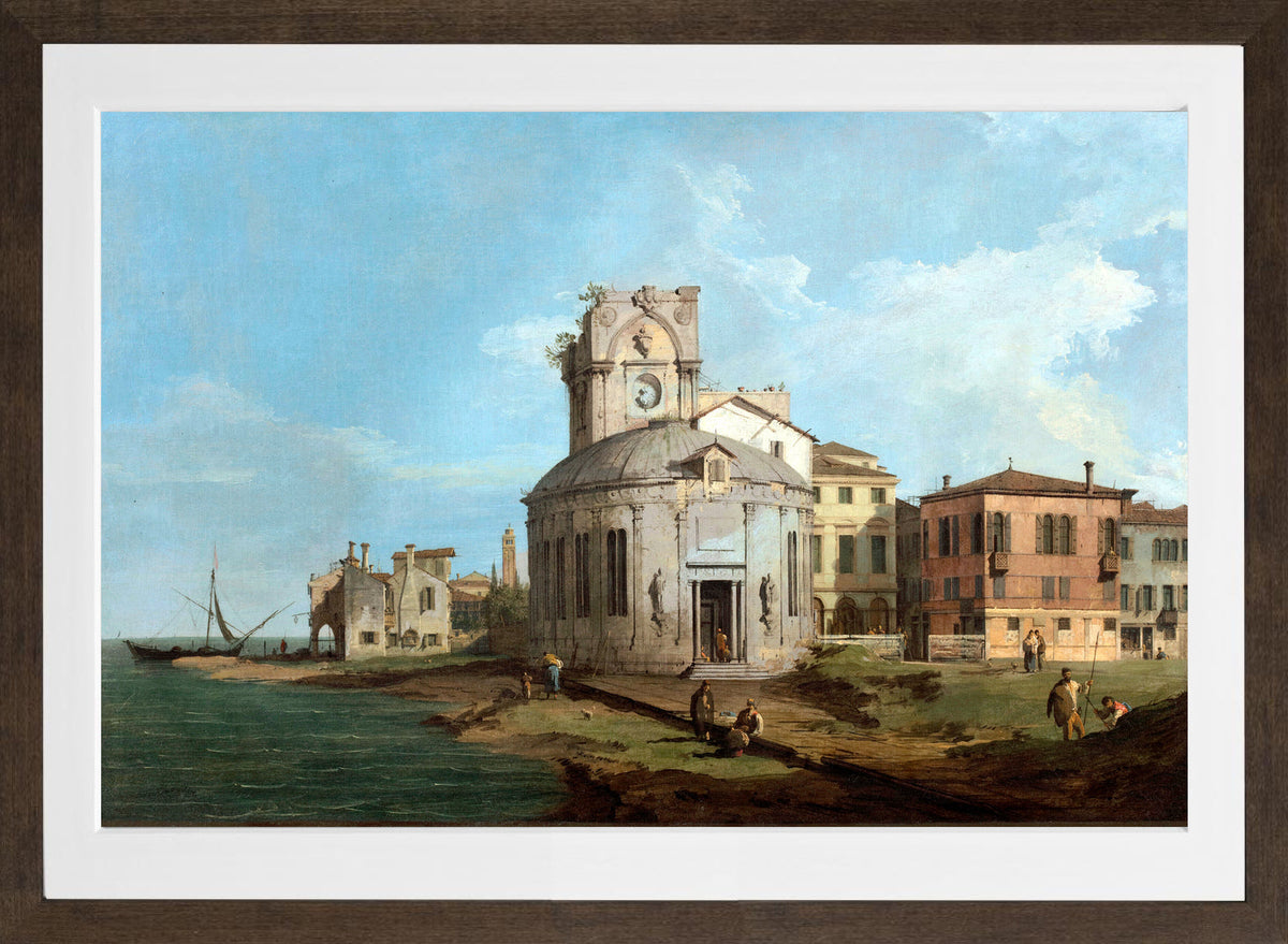 Canaletto Print, A Venetian Capriccio with an oval church by the Lagoon — brown frame