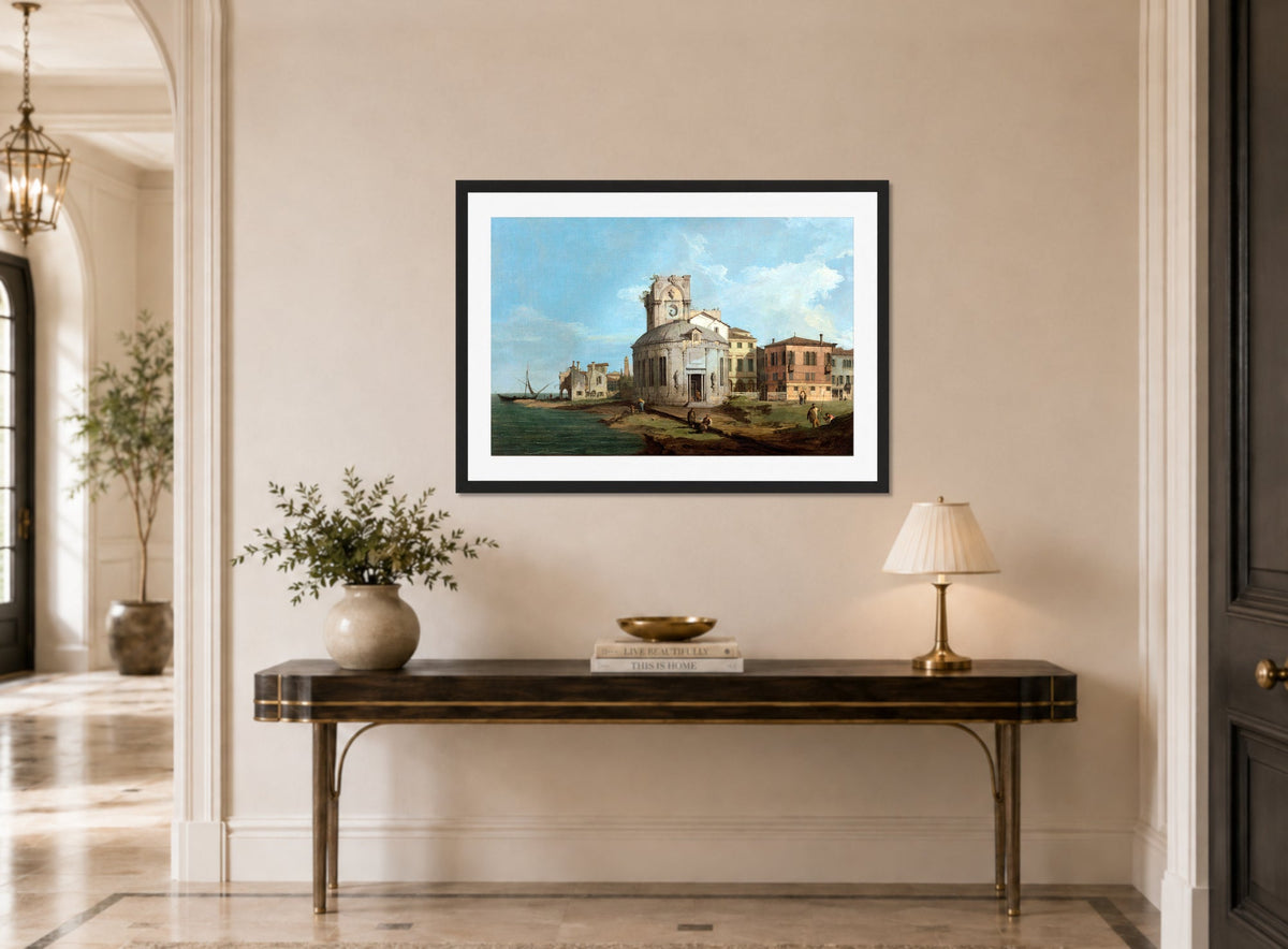 Canaletto Print, A Venetian Capriccio with an oval church by the Lagoon — hallway