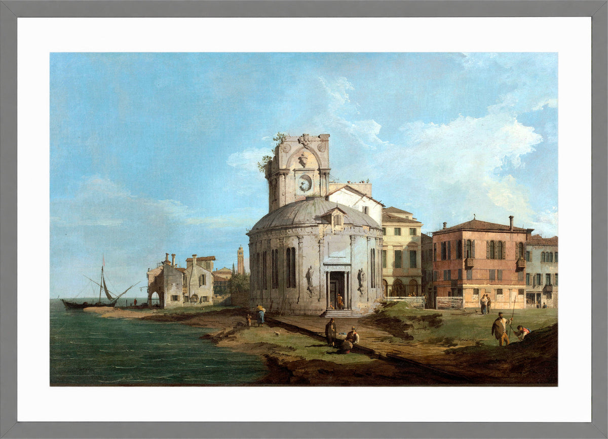 Canaletto Print, A Venetian Capriccio with an oval church by the Lagoon — light grey frame