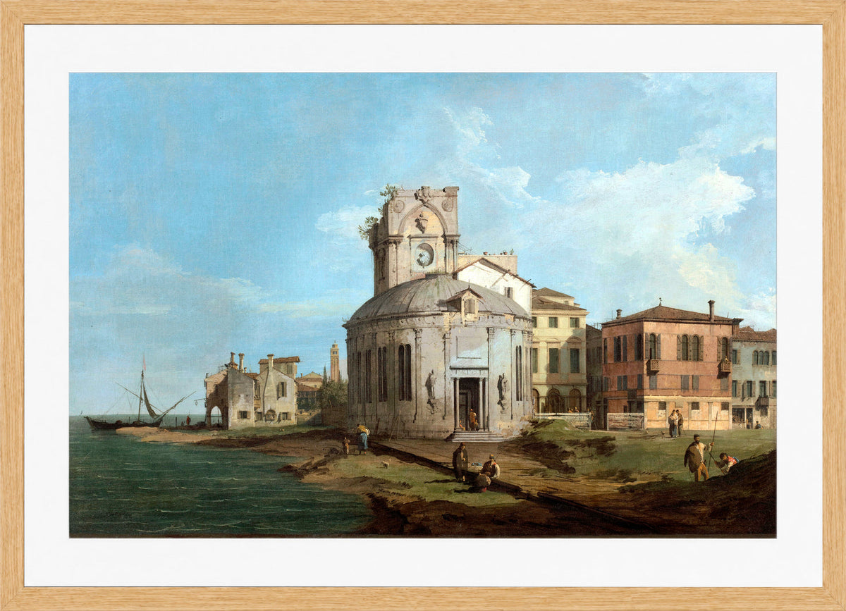 Canaletto Print, A Venetian Capriccio with an oval church by the Lagoon — oak frame