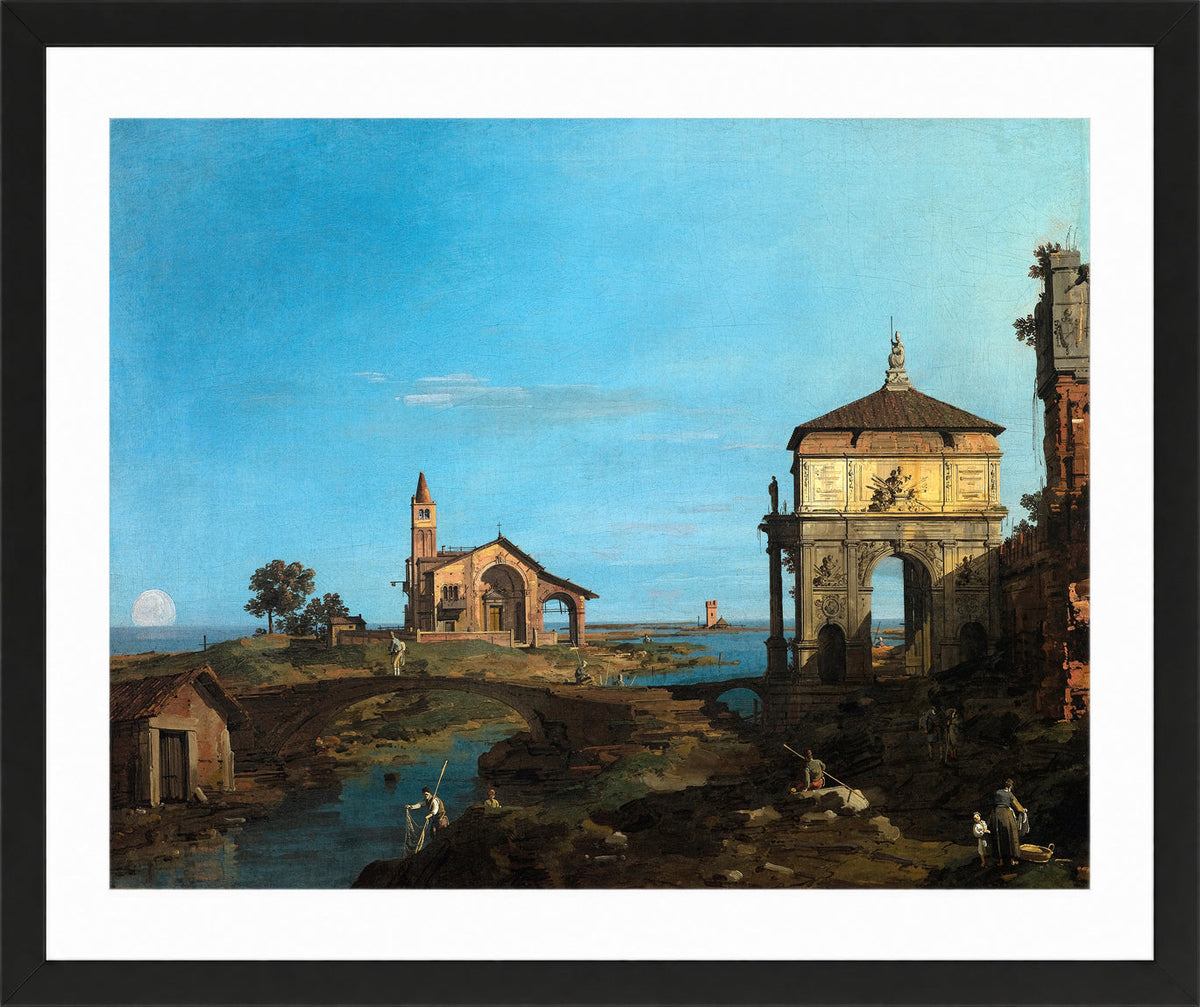 Canaletto Print, An Island in the Lagoon with a Gateway and a Church (1743–44) — black frame