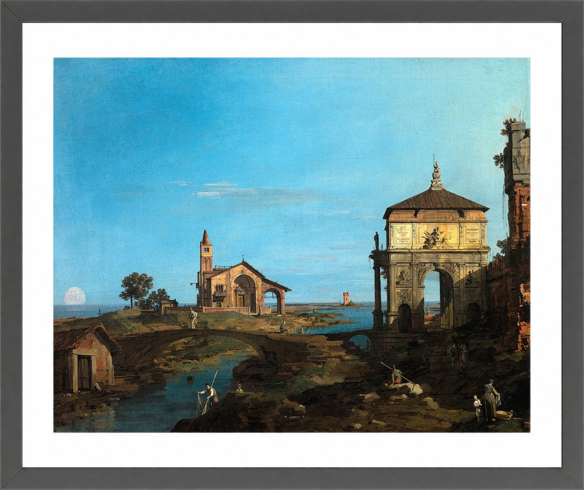 Canaletto Print, An Island in the Lagoon with a Gateway and a Church (1743–44) — dark grey frame