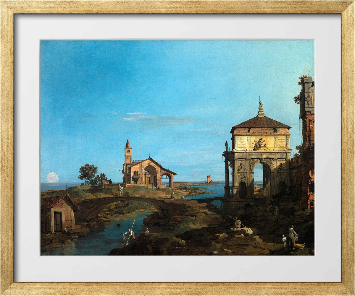 Canaletto Print, An Island in the Lagoon with a Gateway and a Church (1743–44) — gold frame