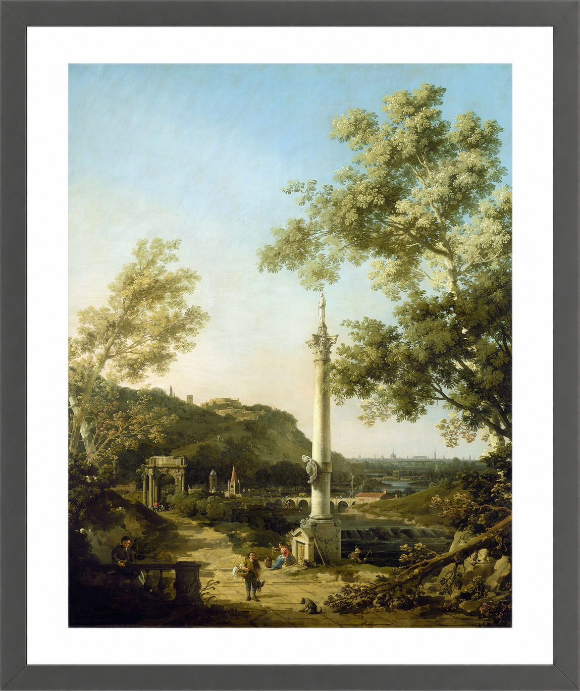 Canaletto Print, English Landscape Capriccio with a Column (c. 1754) — dark grey frame