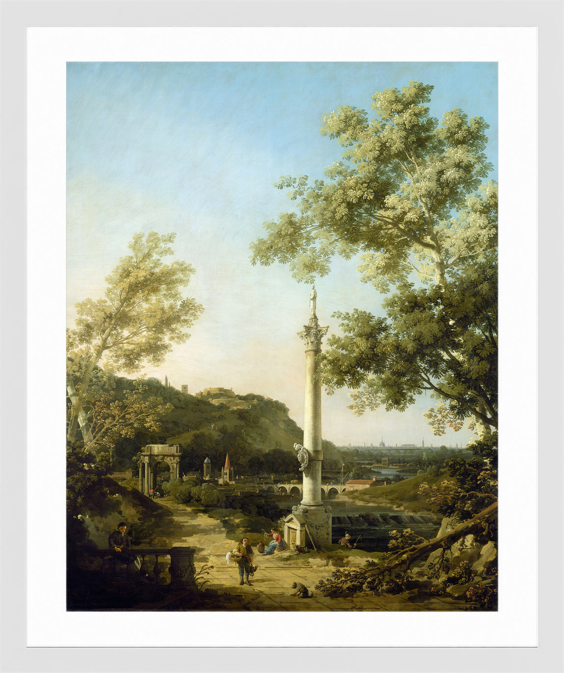 Canaletto Print, English Landscape Capriccio with a Column (c. 1754) — white frame