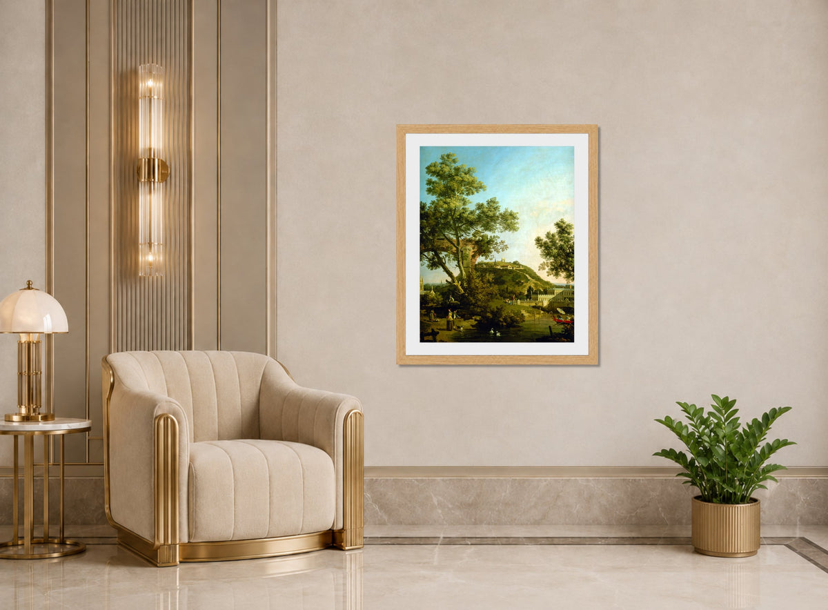 Canaletto Print, English Landscape Capriccio with a Palace (c. 1754) — art deco roomset