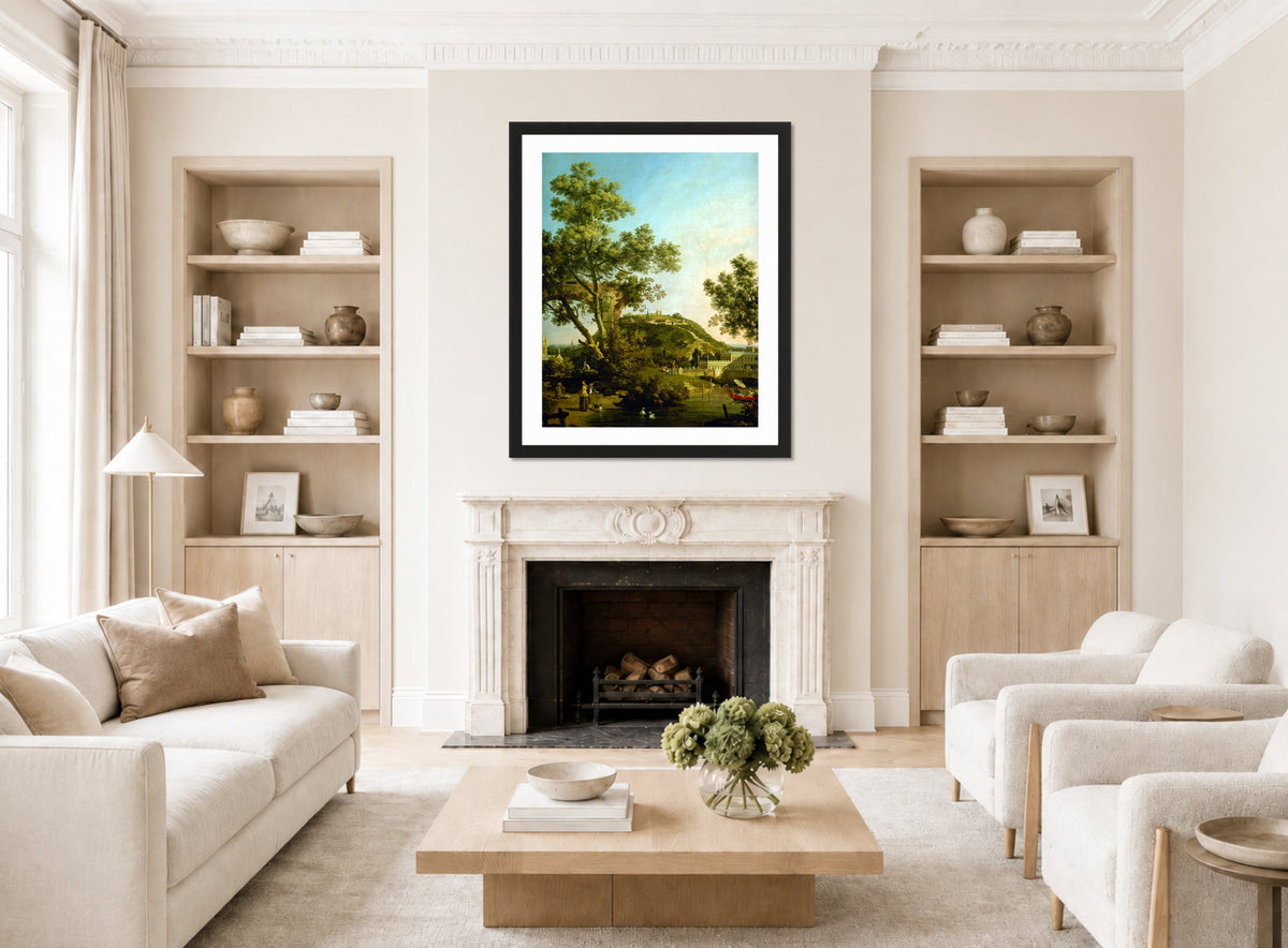 Canaletto Print, English Landscape Capriccio with a Palace (c. 1754) — living room roomset