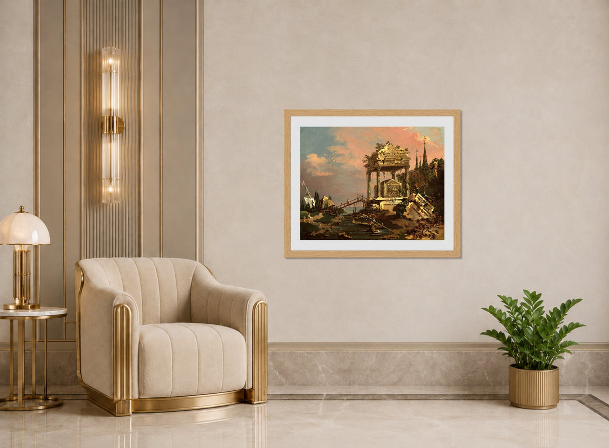 Canaletto Print, Imaginary View with a Tomb by the Lagoon (early 1740s) — art deco roomset