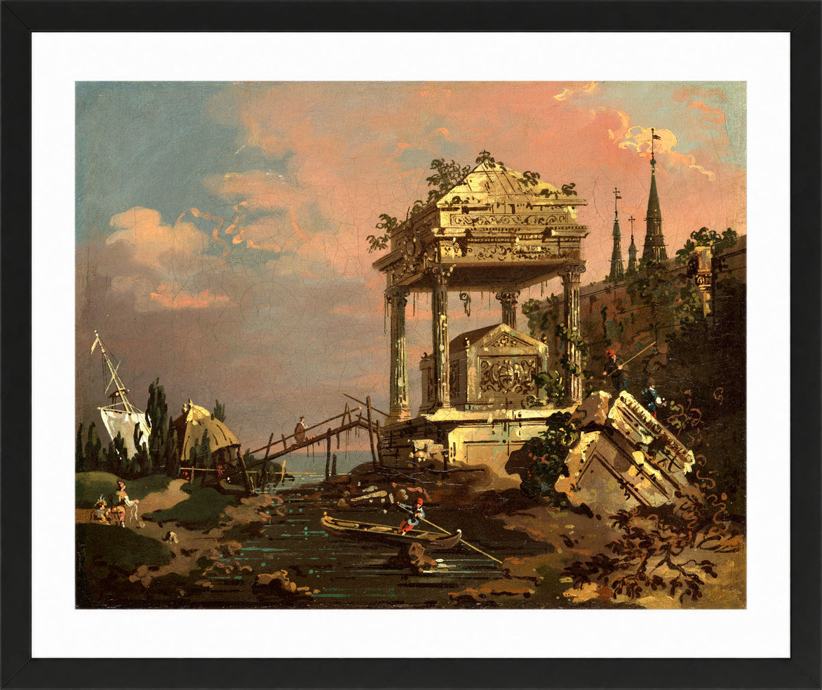 Canaletto Print, Imaginary View with a Tomb by the Lagoon (early 1740s) — black frame