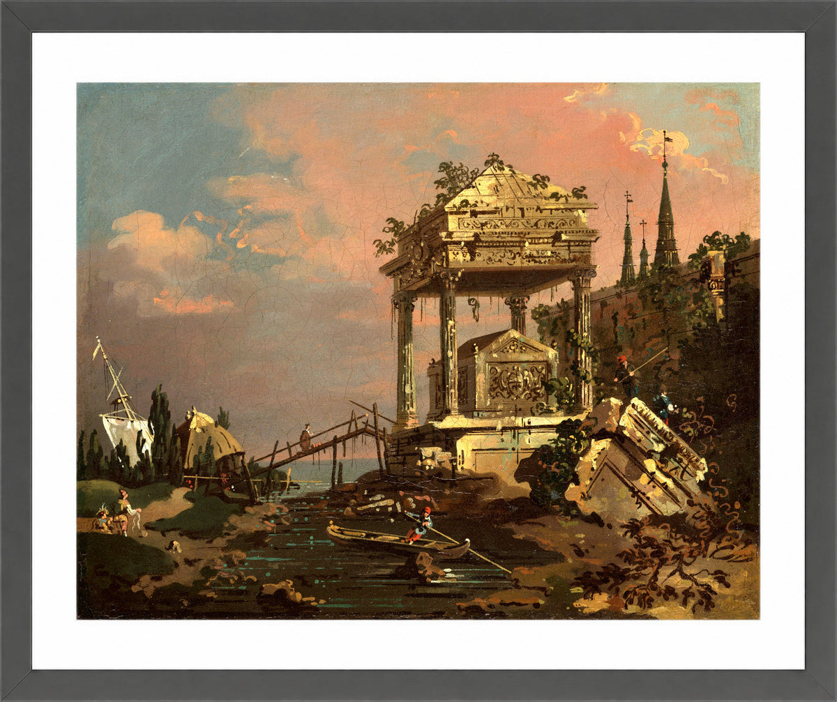 Canaletto Print, Imaginary View with a Tomb by the Lagoon (early 1740s) — dark grey frame