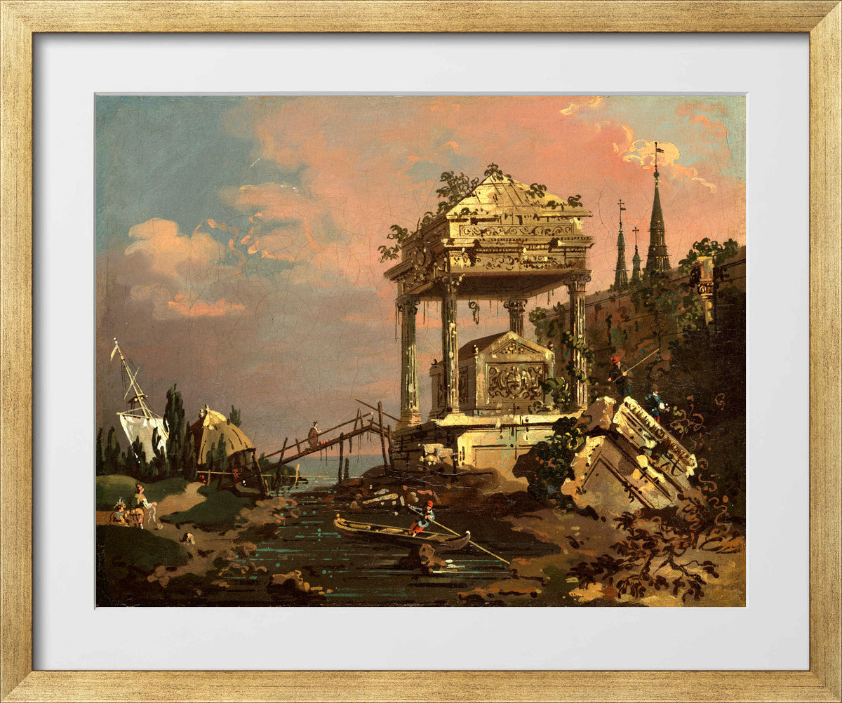 Canaletto Print, Imaginary View with a Tomb by the Lagoon (early 1740s) — gold frame