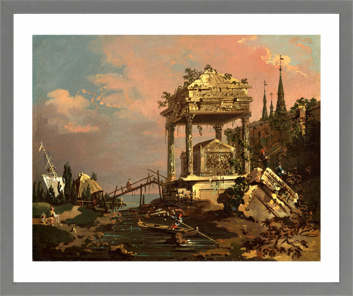 Canaletto Print, Imaginary View with a Tomb by the Lagoon (early 1740s) — light grey frame