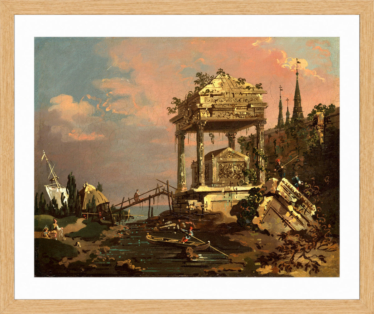Canaletto Print, Imaginary View with a Tomb by the Lagoon (early 1740s) — oak frame