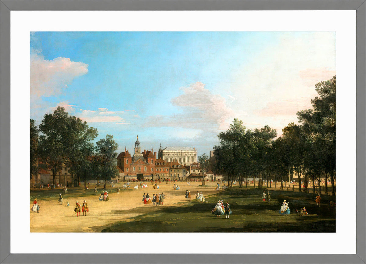 Canaletto Print, London: The Old Horse Guards and Banqueting Hall, Whitehall, from St James’s Park — light grey frame