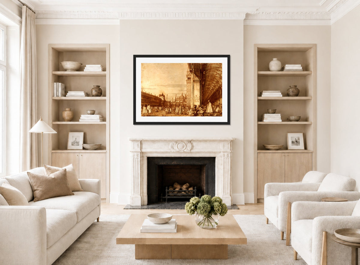 Canaletto Print, Piazza San Marco from the Southwest Corner, with the Procuratie Nuove on the Right — living room roomset