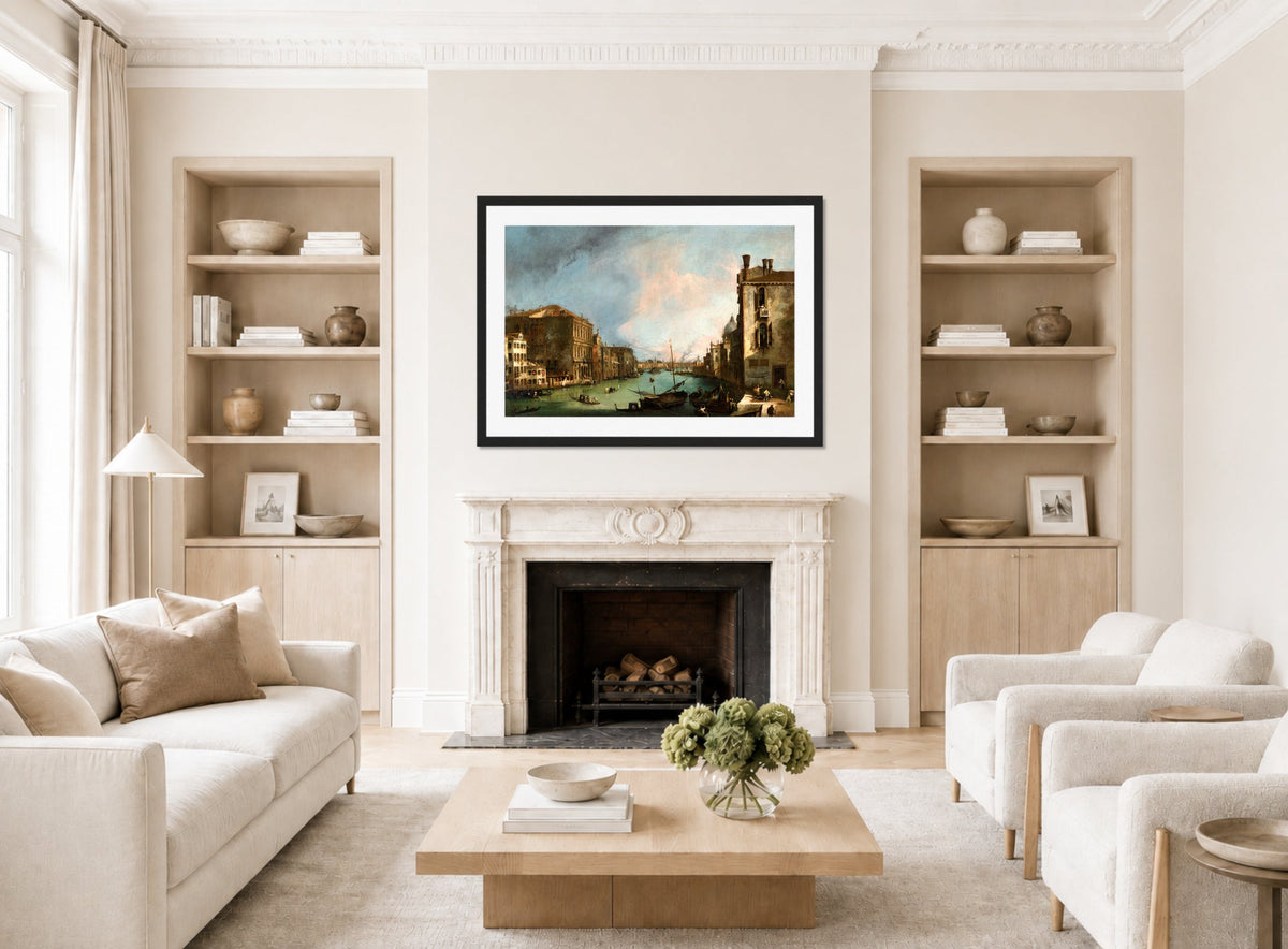 Canaletto Print, The Grand Canal in Venice with the Palazzo Corner Ca’Grande (1722) — living room roomset