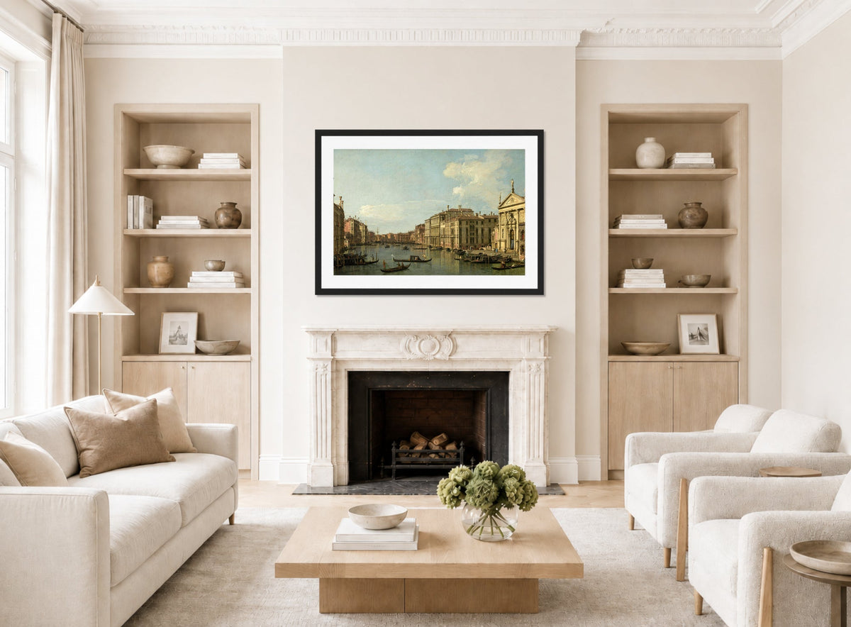 Canaletto Print, The Grand Canal, Venice, Looking South-East from San Stae to the Fabbriche Nuove di Rialto — living room roomset