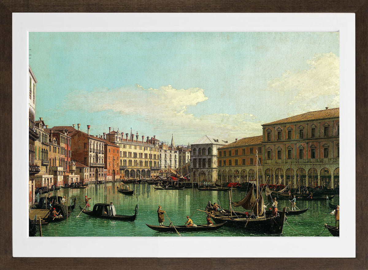 Canaletto Print, The Grand Canal, Venice, Looking South toward the Rialto Bridge (1730s) — brown frame