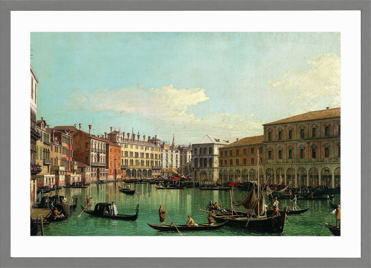 Canaletto Print, The Grand Canal, Venice, Looking South toward the Rialto Bridge (1730s) — light grey frame