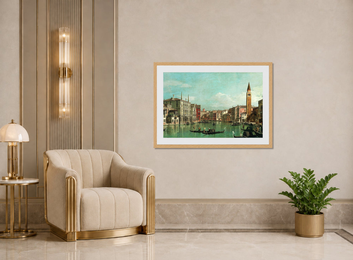 Canaletto Print, The Grand Canal, Venice, Looking Southeast, with the Campo della Carità to the Right (1730s) — art deco roomset