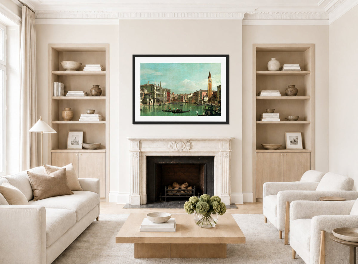 Canaletto Print, The Grand Canal, Venice, Looking Southeast, with the Campo della Carità to the Right (1730s) — living room roomset