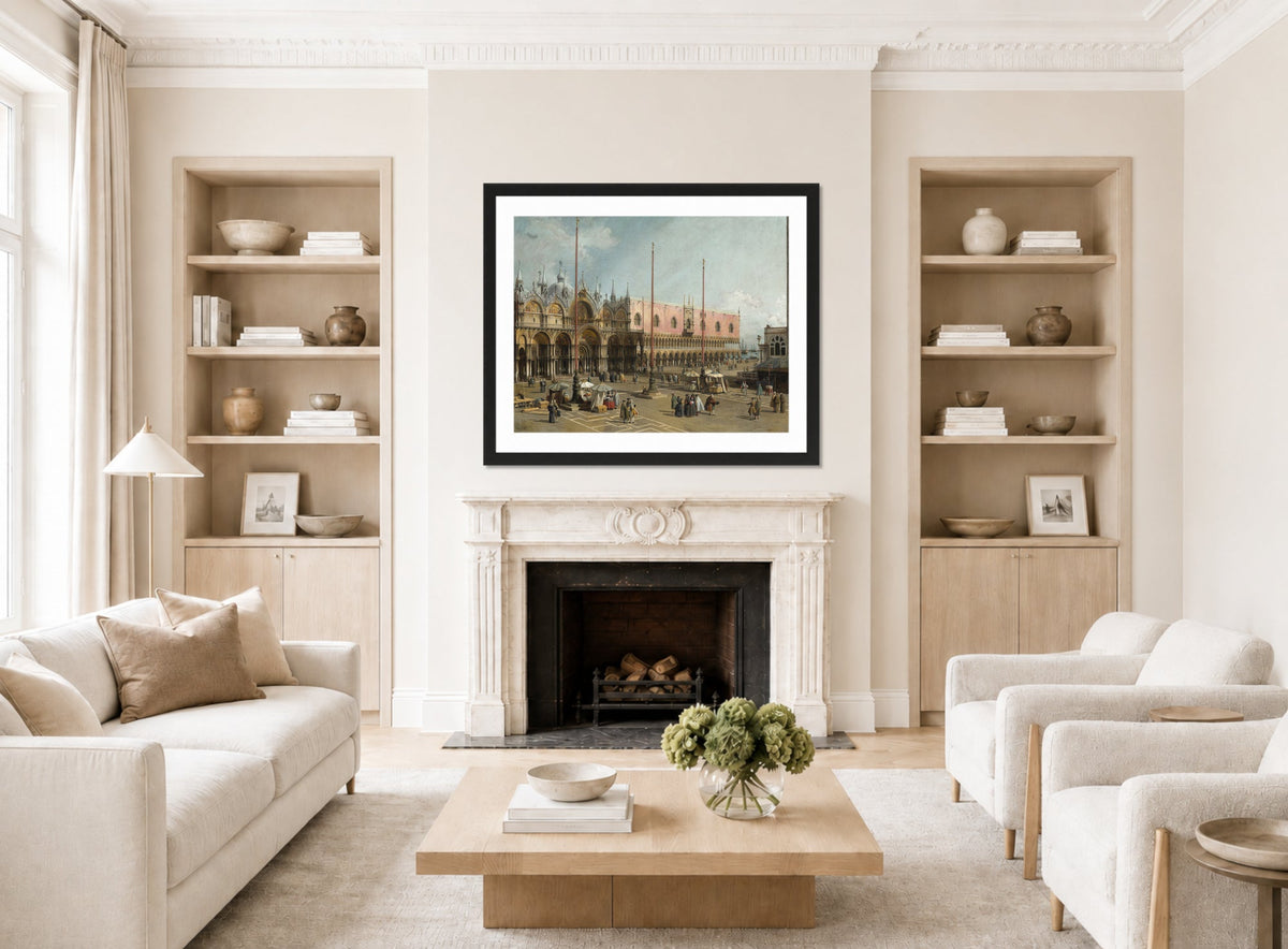 Canaletto Print, The Square of Saint Mark’s, Venice (1742-1744) — living room roomset