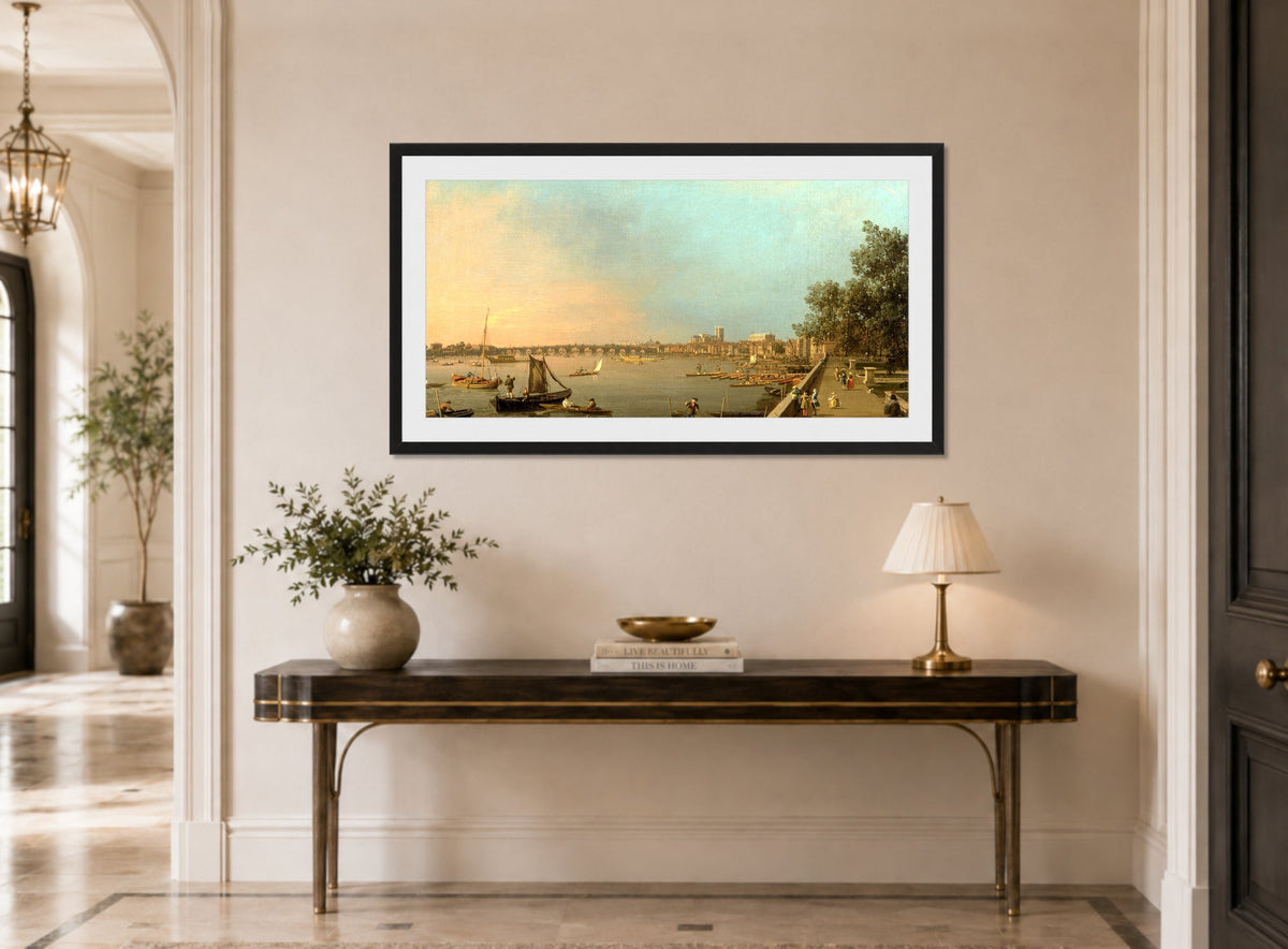 Canaletto Print, The Thames from the Terrace of Somerset House, Looking toward Westminster — hallway