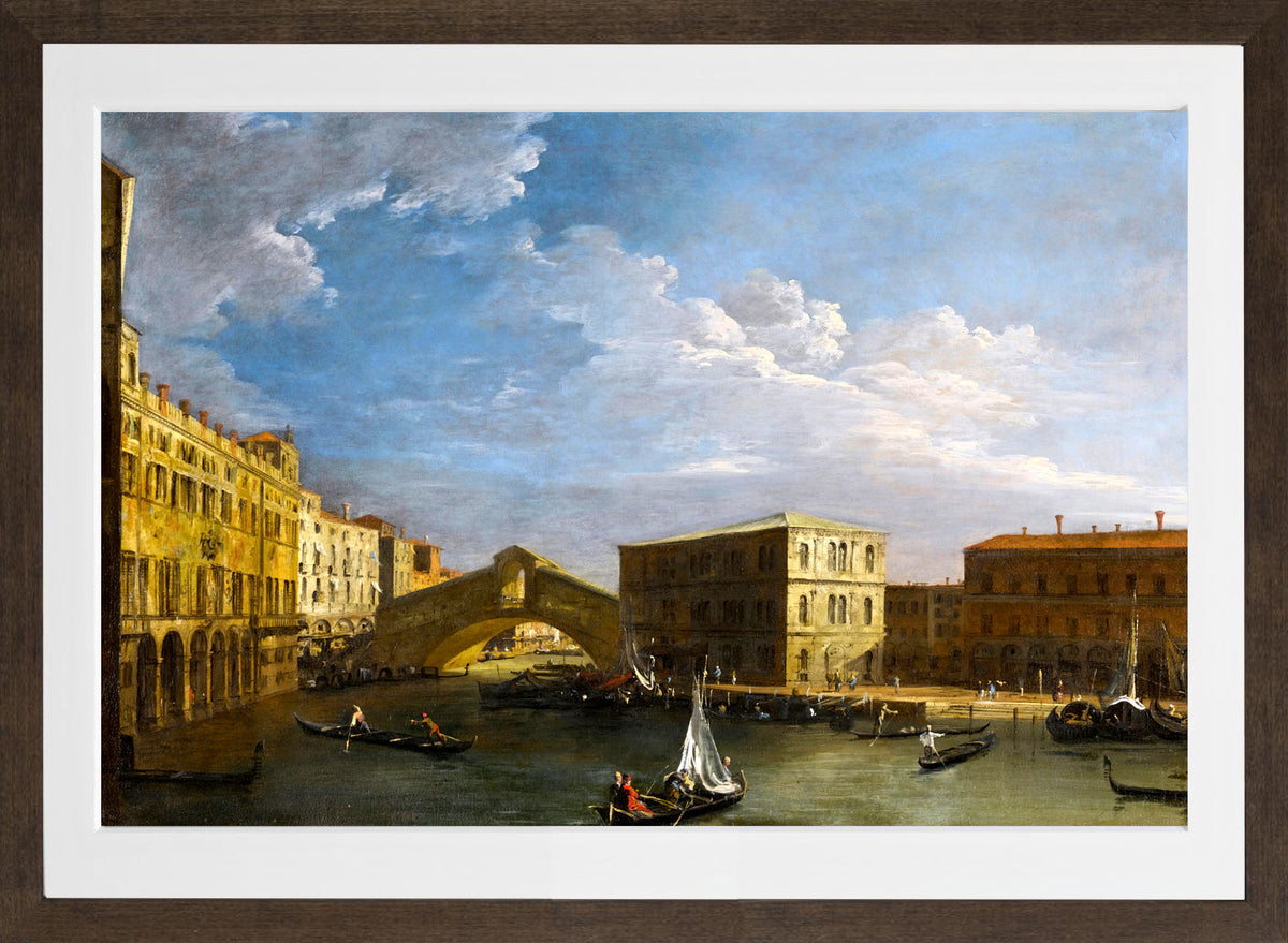 Canaletto Print, Venice, a view of the Grand Canal and the Rialto Bridge from the North — brown frame