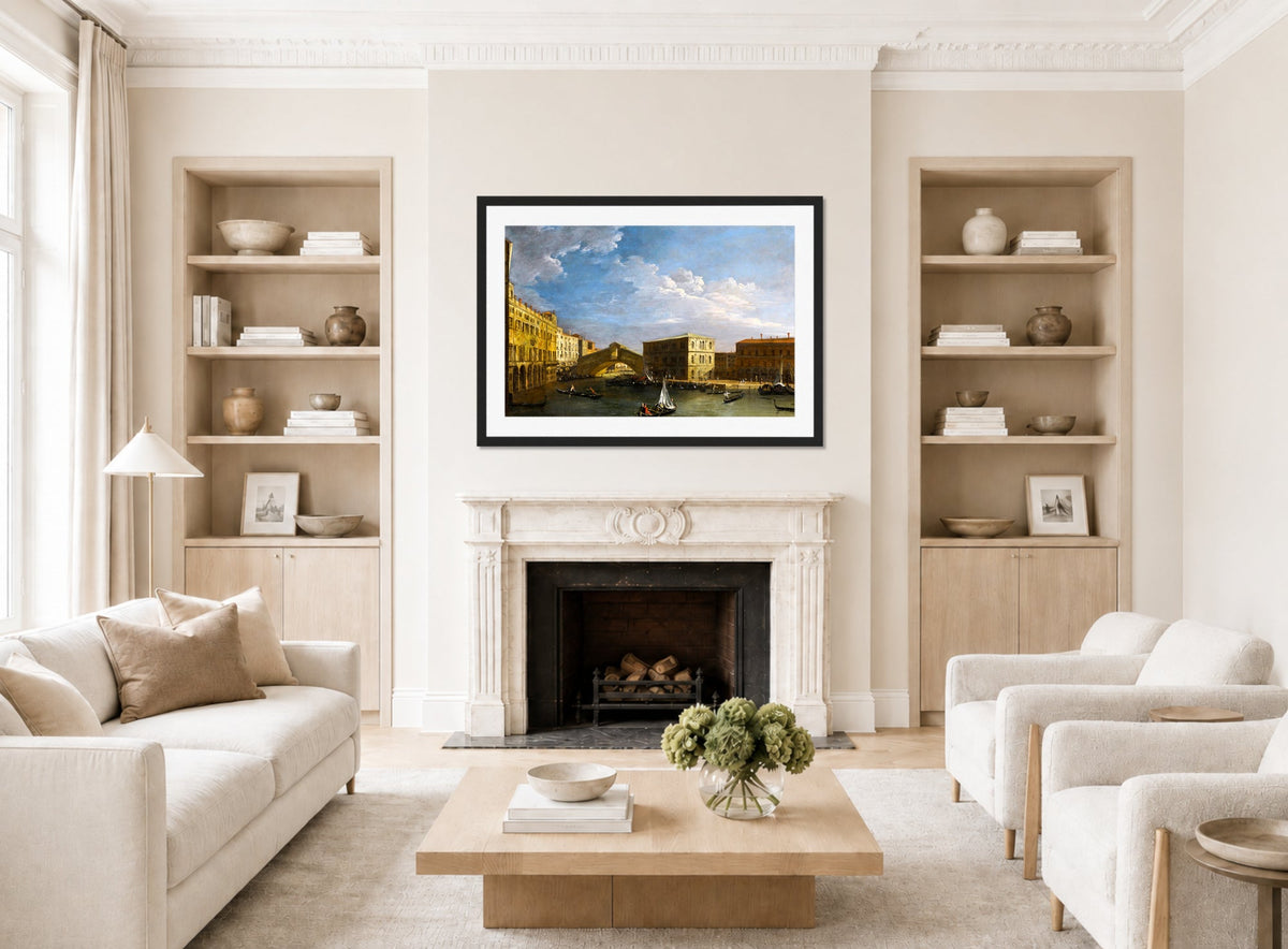 Canaletto Print, Venice, a view of the Grand Canal and the Rialto Bridge from the North — living room roomset