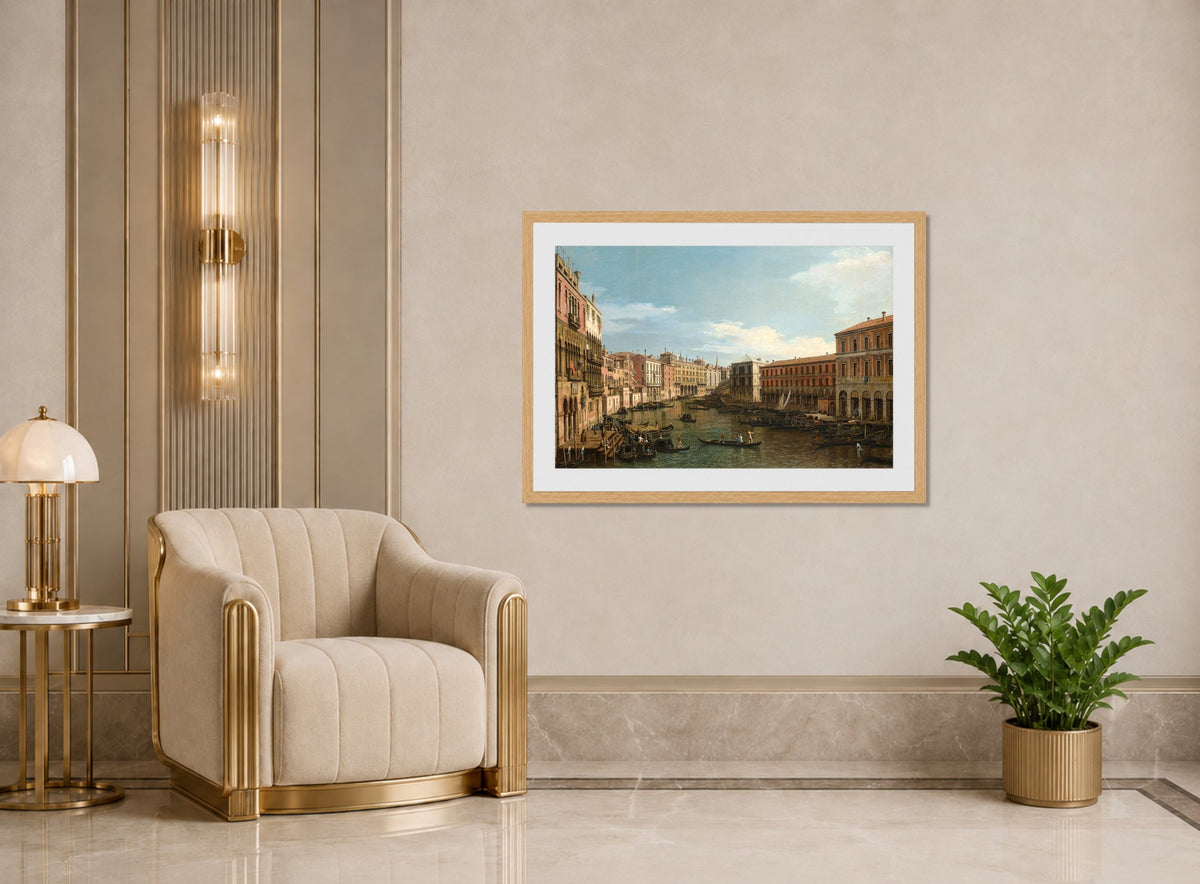 Canaletto Print, Venice, the Grand Canal looking South, from the Ca’ Da Mosto toward the Rialto Bridge — art deco roomset