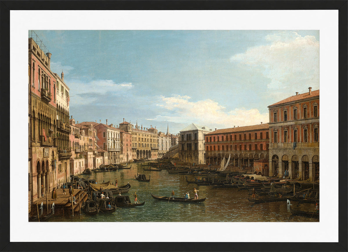 Canaletto Print, Venice, the Grand Canal looking South, from the Ca’ Da Mosto toward the Rialto Bridge — black frame