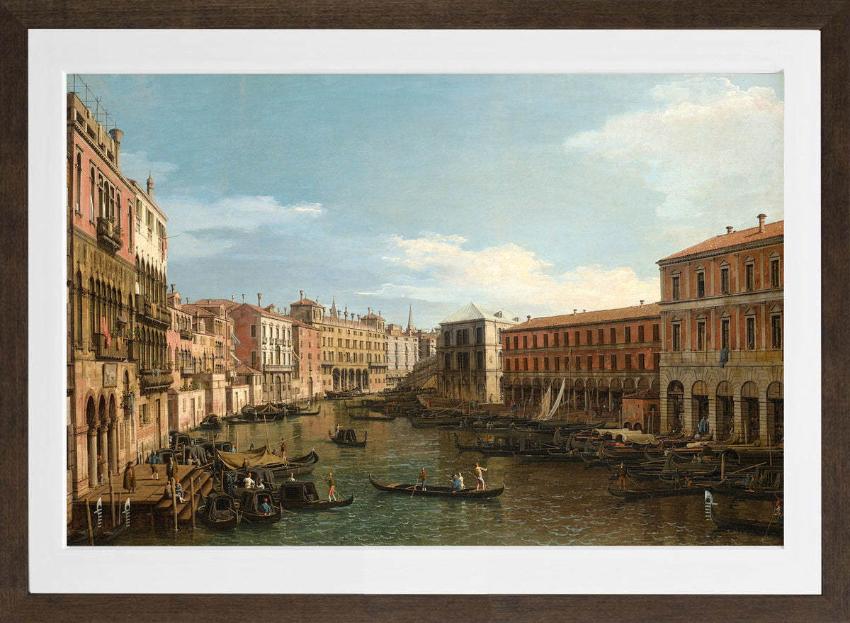 Canaletto Print, Venice, the Grand Canal looking South, from the Ca’ Da Mosto toward the Rialto Bridge — brown frame