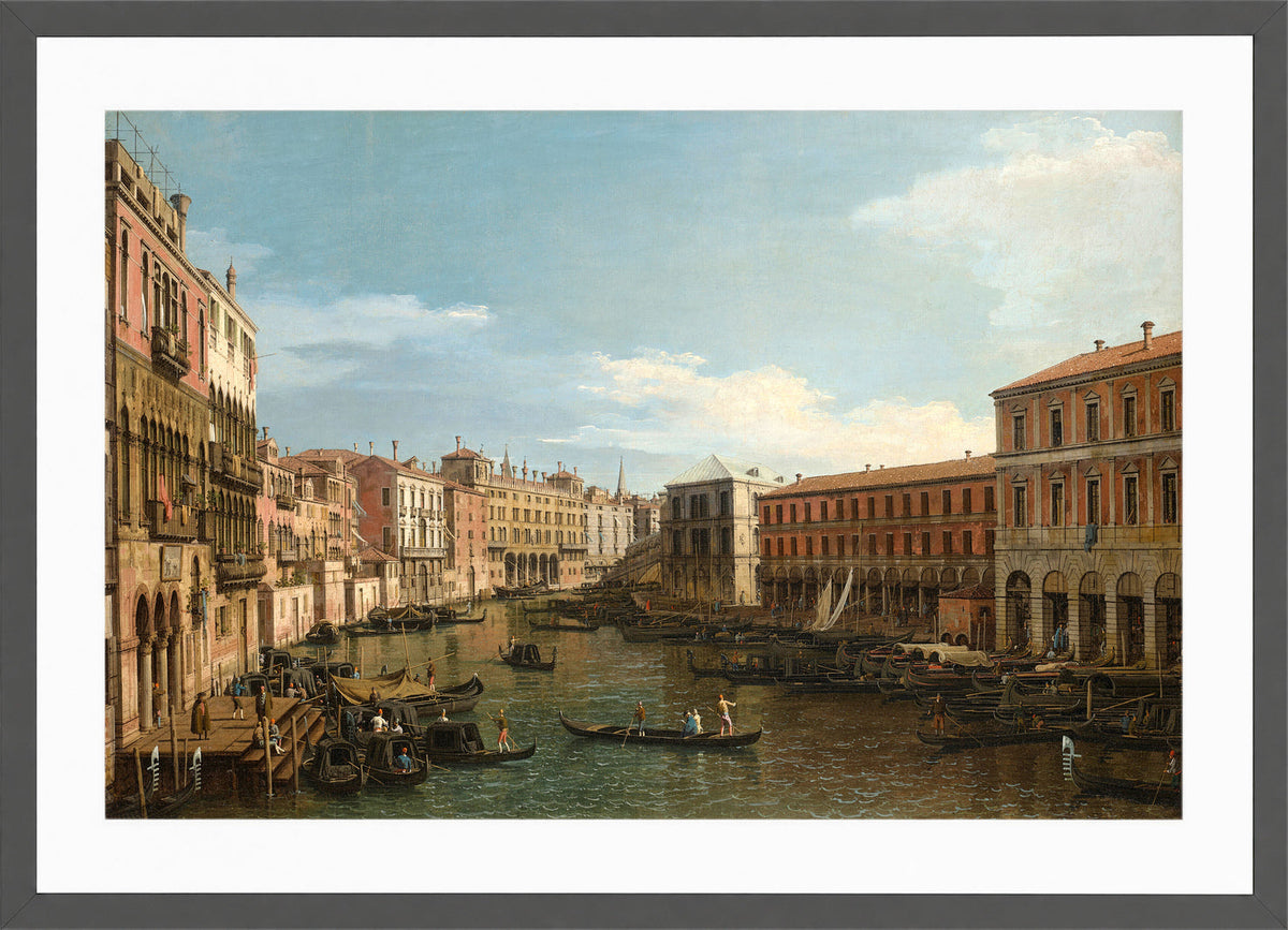 Canaletto Print, Venice, the Grand Canal looking South, from the Ca’ Da Mosto toward the Rialto Bridge — dark grey frame