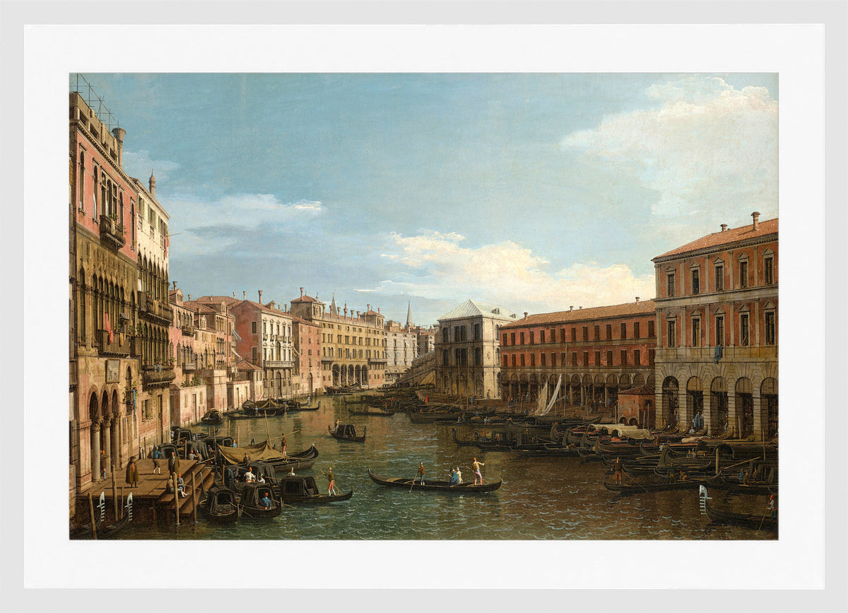 Canaletto Print, Venice, the Grand Canal looking South, from the Ca’ Da Mosto toward the Rialto Bridge — white frame