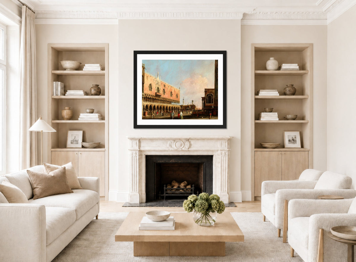 Canaletto Print, View of the Piazzetta San Marco Looking South (1735) — living room roomset