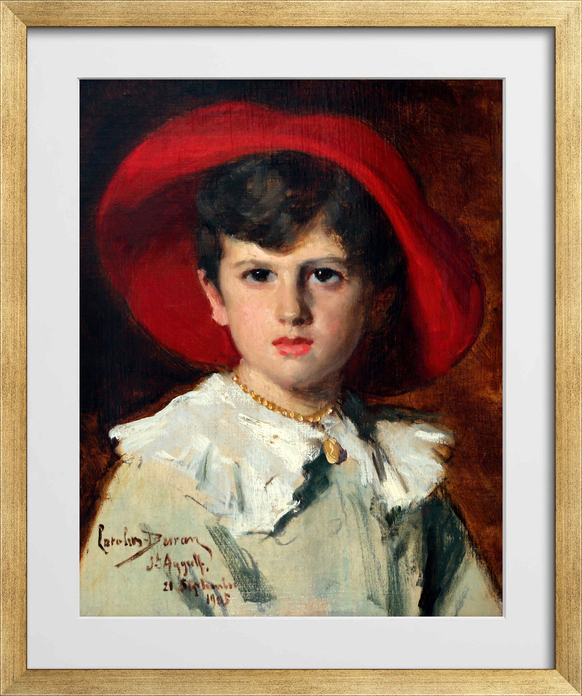 Carolus-Duran Print, Child in a Red Hat (Michel Feydeau, Son of Georges) (1905) — gold frame