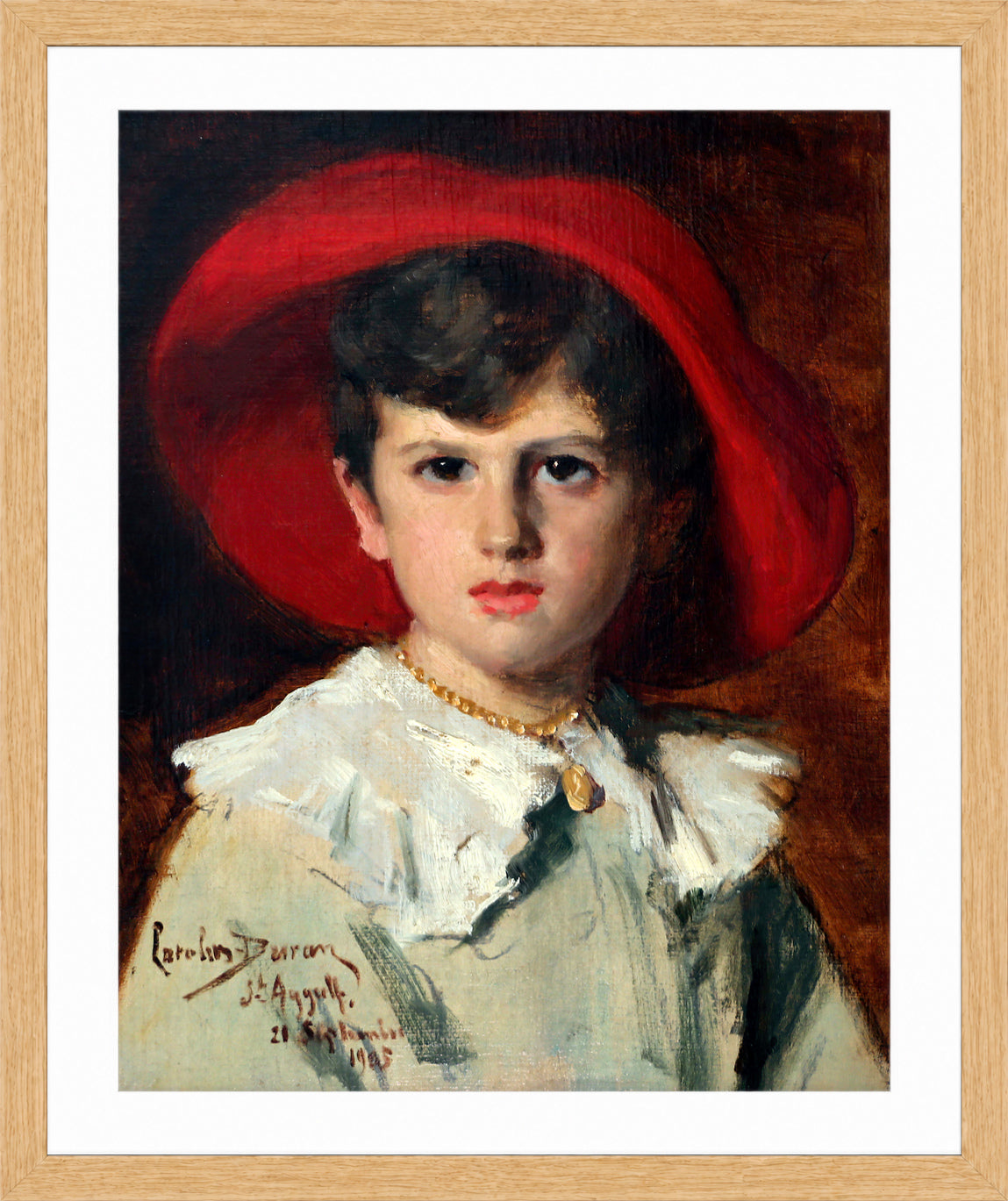 Carolus-Duran Print, Child in a Red Hat (Michel Feydeau, Son of Georges) (1905) — oak frame