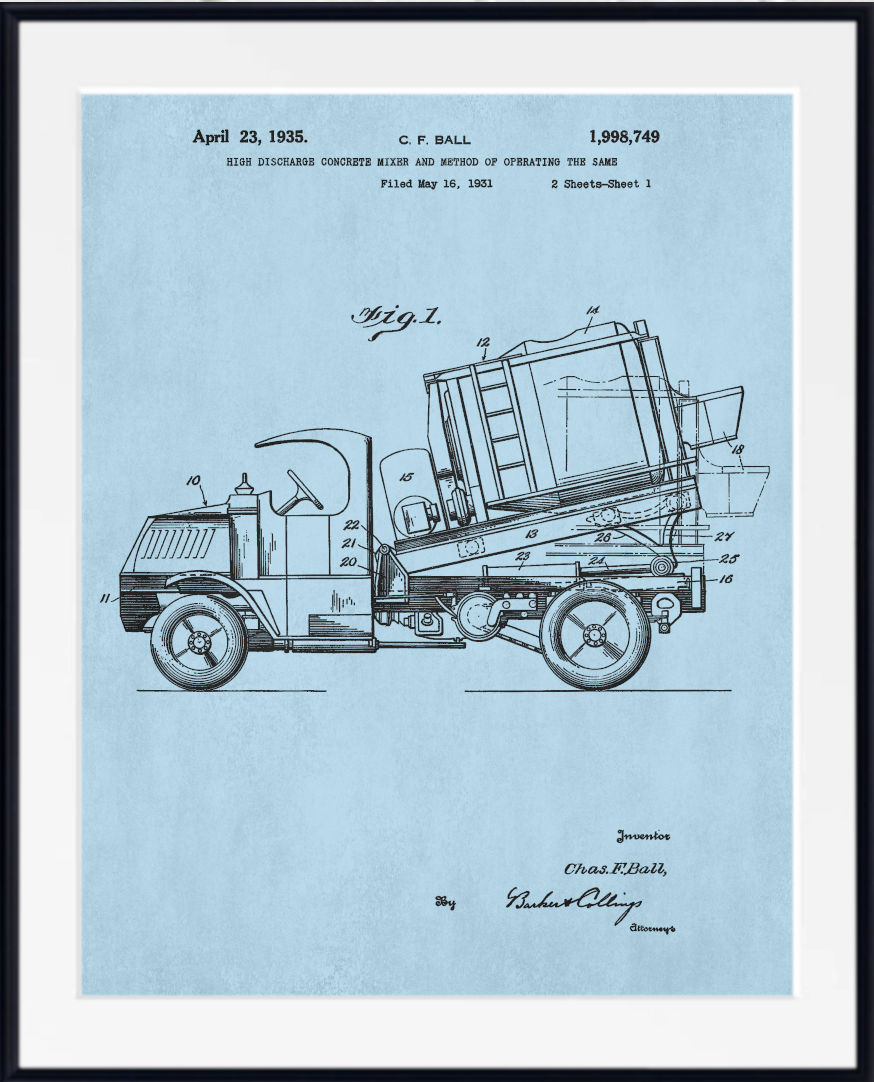 A framed vintage patent print of a 1935 cement truck