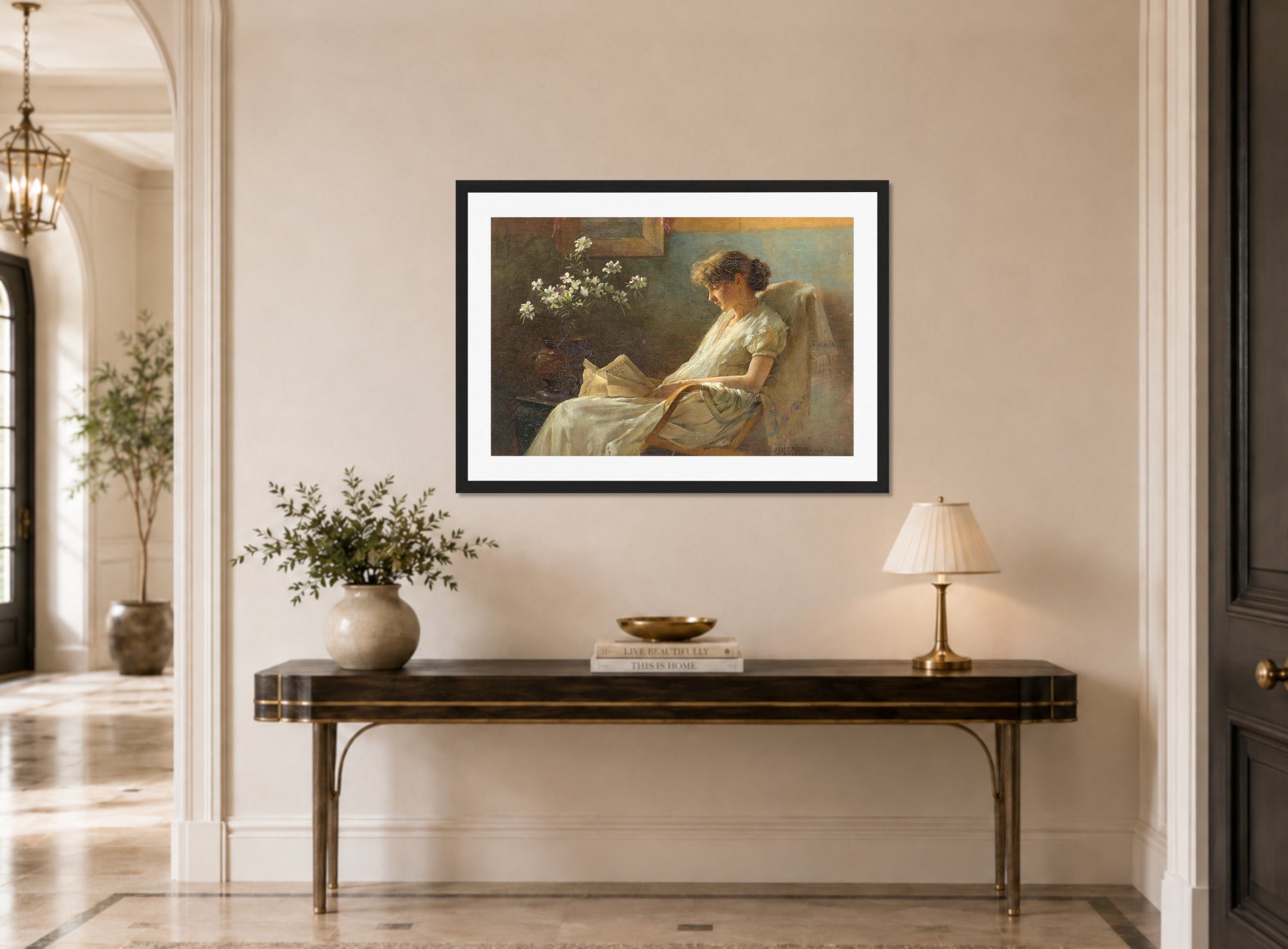 Charles Courtney Curran Print, A Comfortable Corner (1887) displayed above a console table