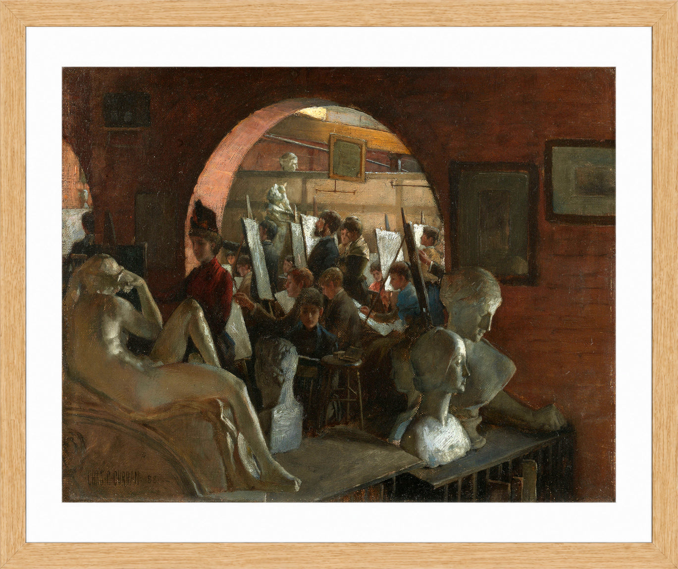 Charles Courtney Curran Print, An Alcove in the Art Students' League (1888) in a light oak frame