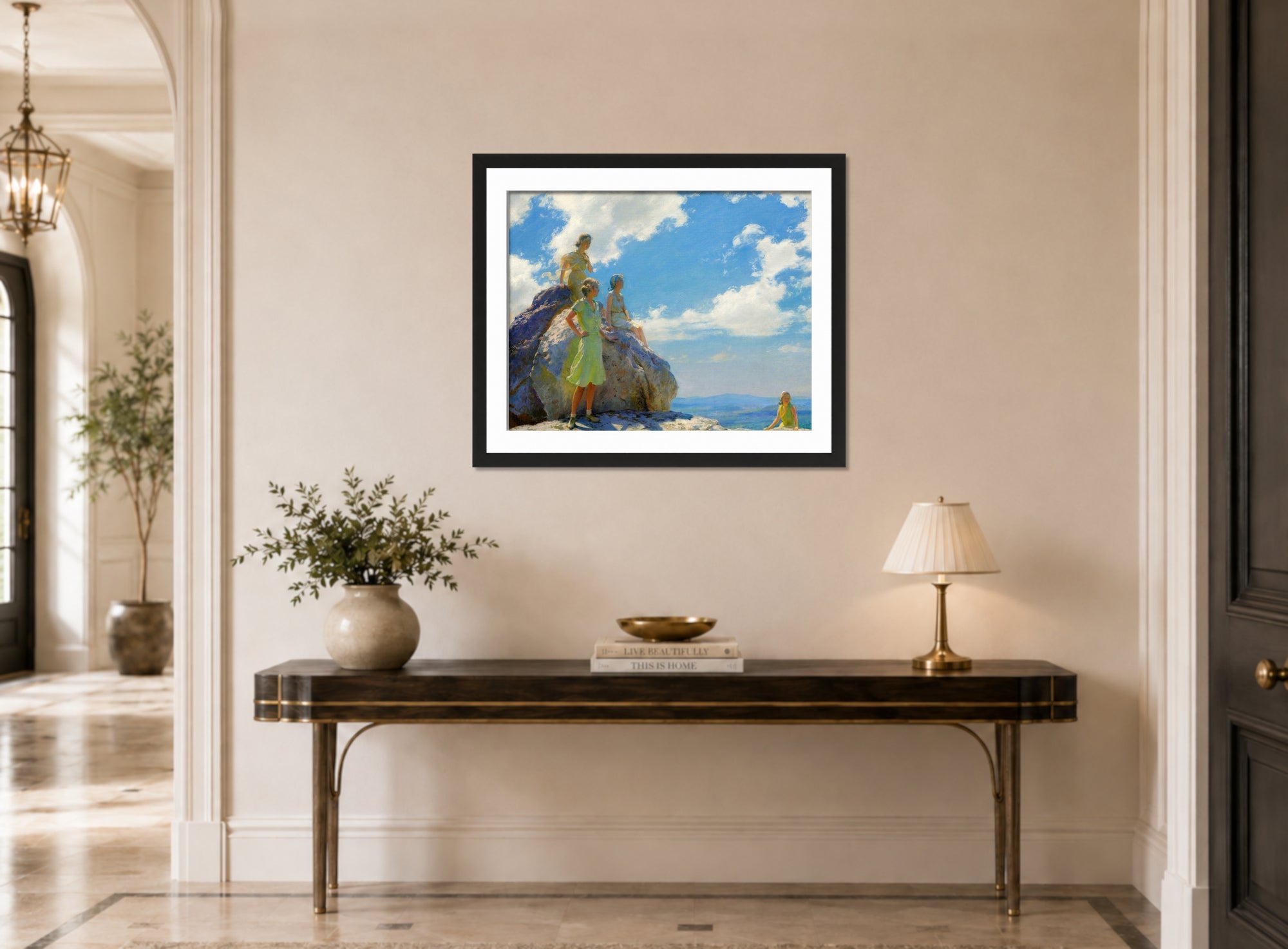 Charles Courtney Curran Print, Bear Rocks displayed above a console table