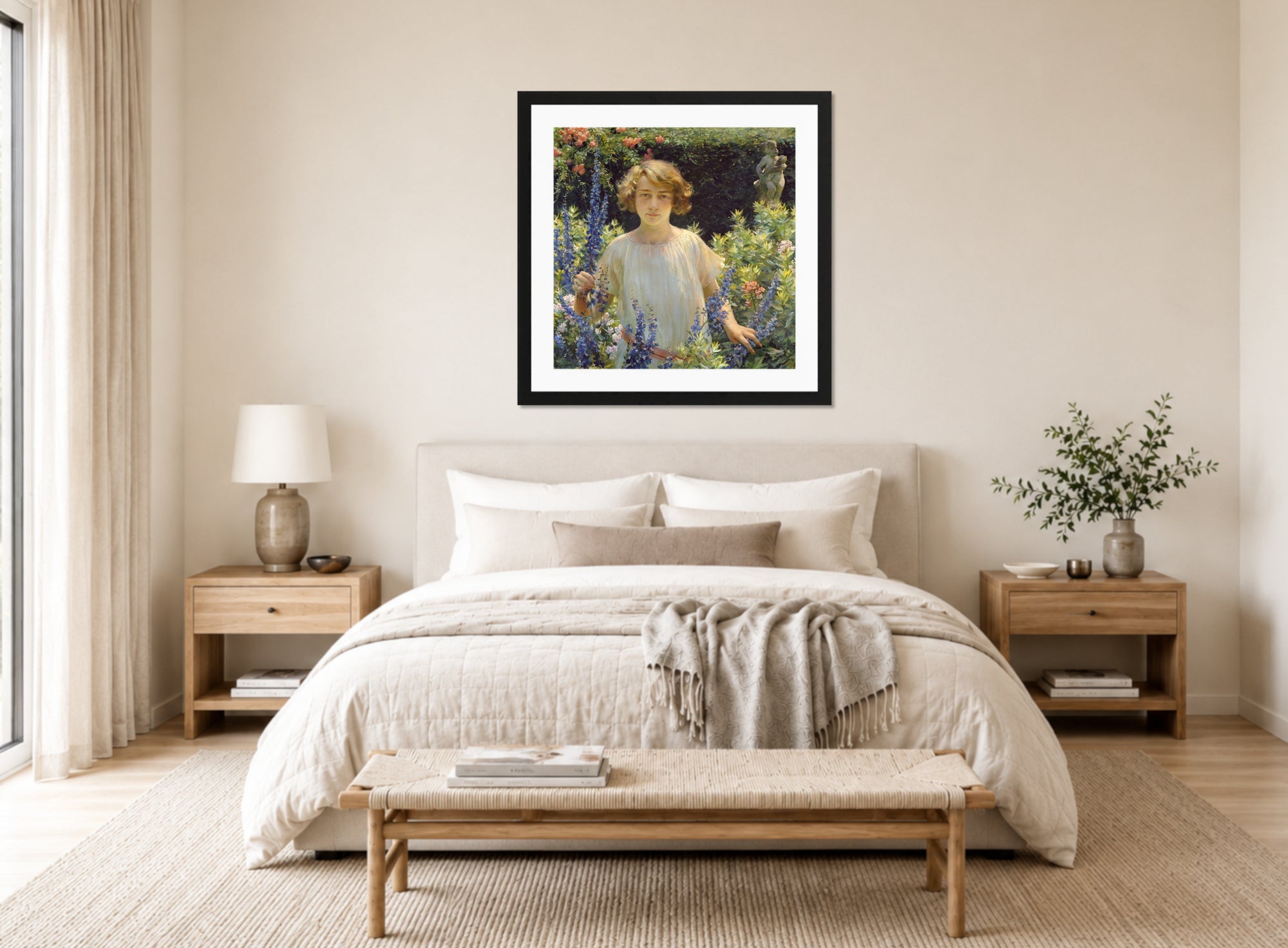 Charles Courtney Curran Print, Betty Gallowhur (Betty Newell) (1922) displayed above a bed