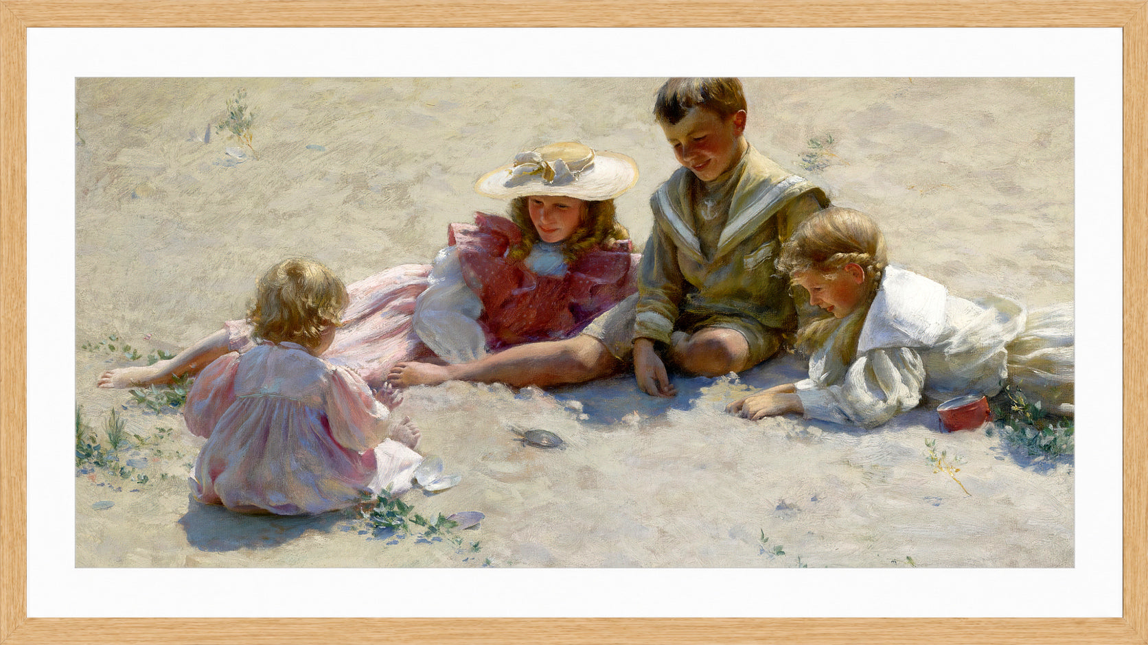 Charles Courtney Curran Print, Children by the Seashore (1896) in a light oak frame