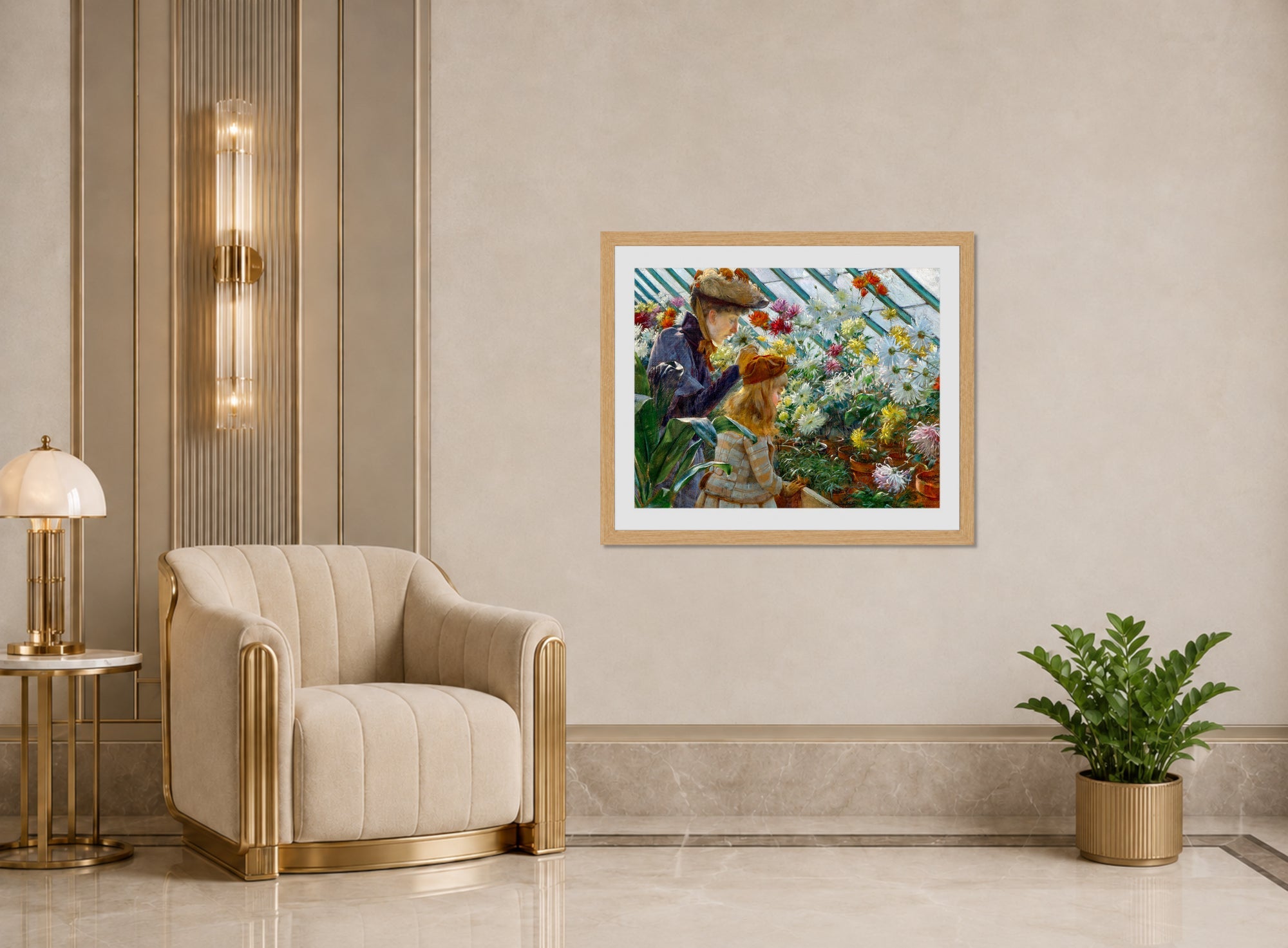 Charles Courtney Curran Print, Chrysanthemums (1890) displayed in an Art Deco interior