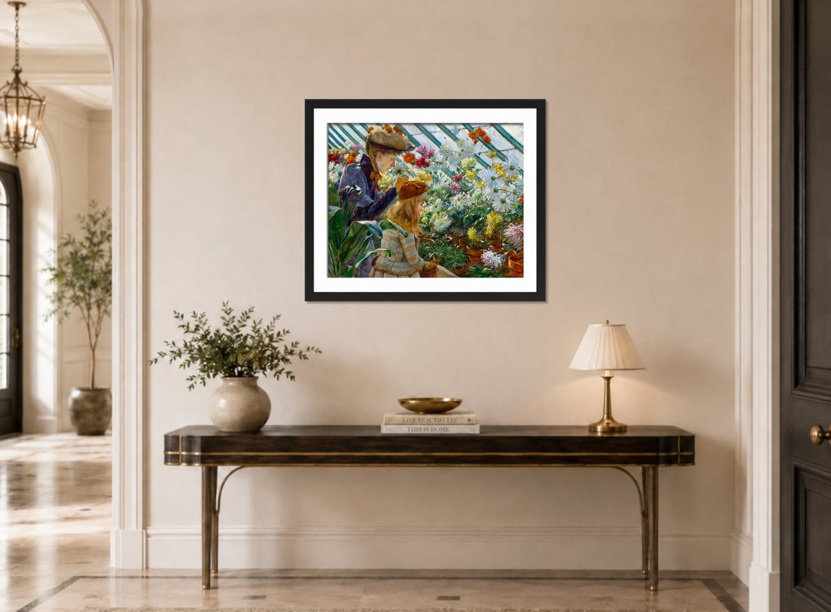Charles Courtney Curran Print, Chrysanthemums (1890) displayed above a console table