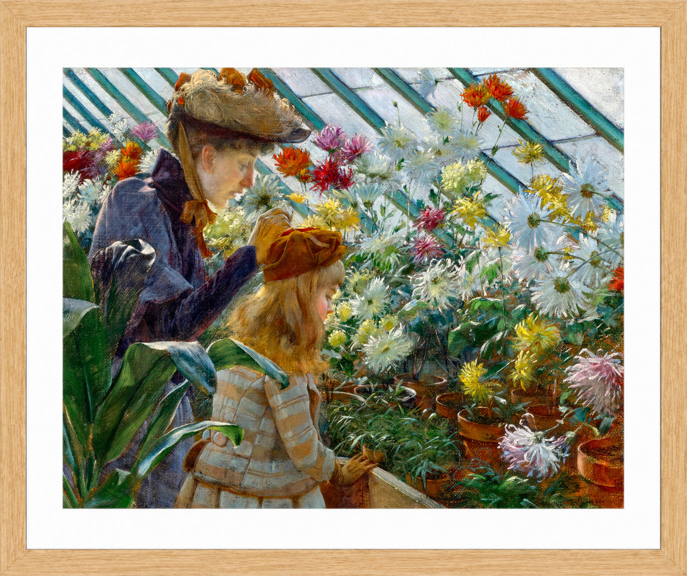 Charles Courtney Curran Print, Chrysanthemums (1890) in a light oak frame