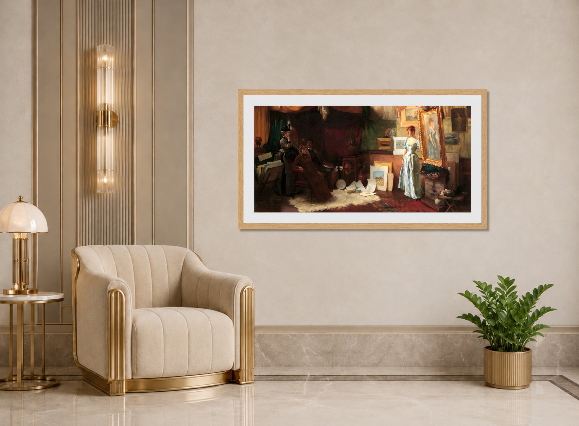 Charles Courtney Curran Print, Fair Critics (1887) displayed in an Art Deco interior