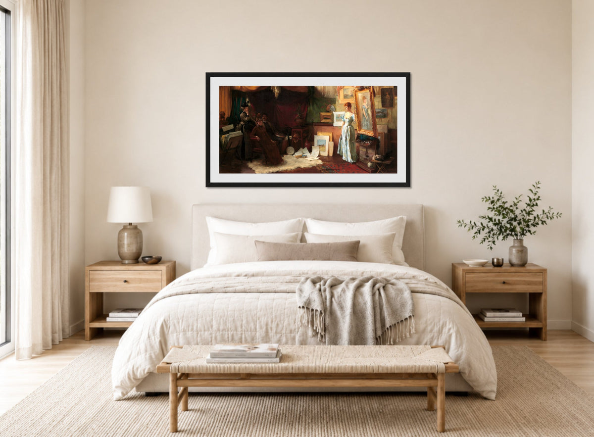 Charles Courtney Curran Print, Fair Critics (1887) displayed above a bed