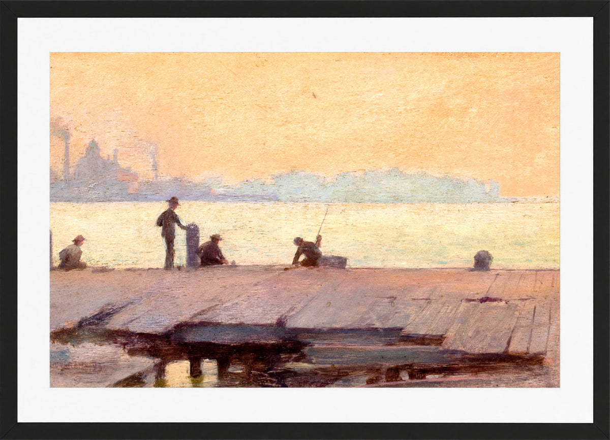 Charles Courtney Curran Print, Fishermen on the Dock (1895) in a black frame